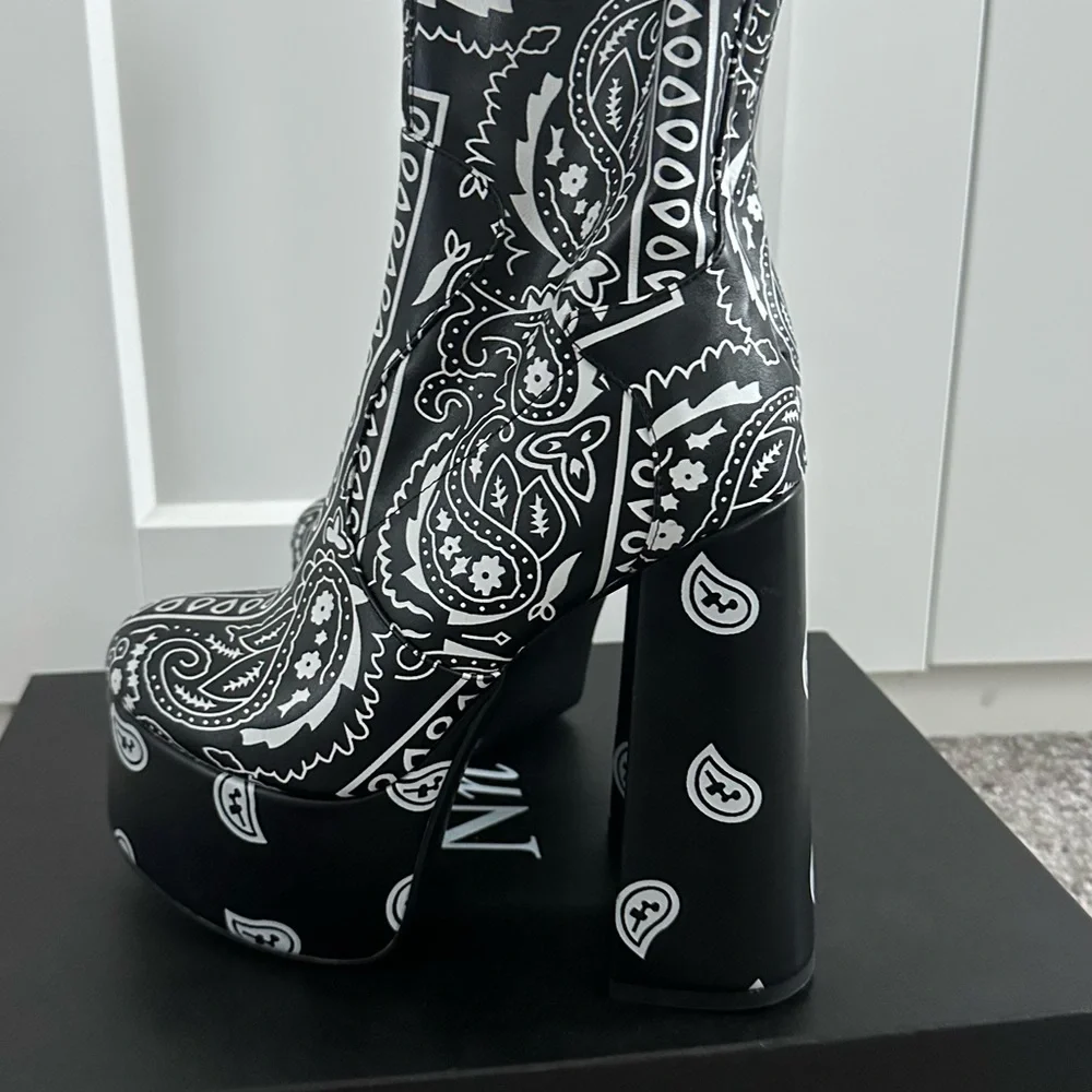 Black Paisley Platform Booties - Women's High Block Heels
